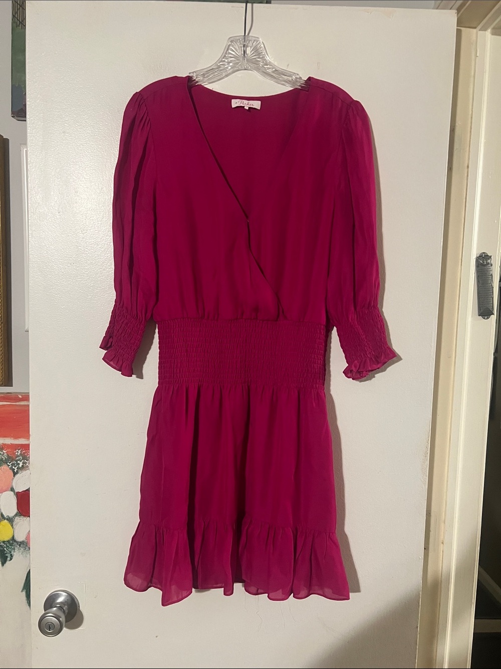 Parker hot pink silk blend dress. 3/4 sleeve.